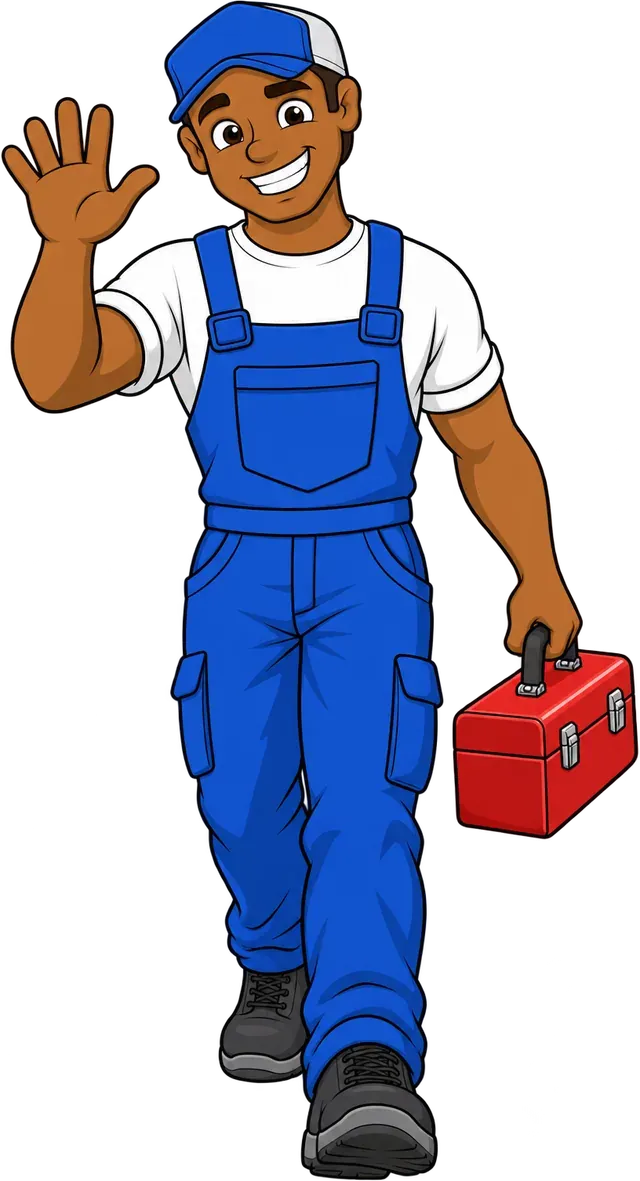 Les arriving with his toolbox
